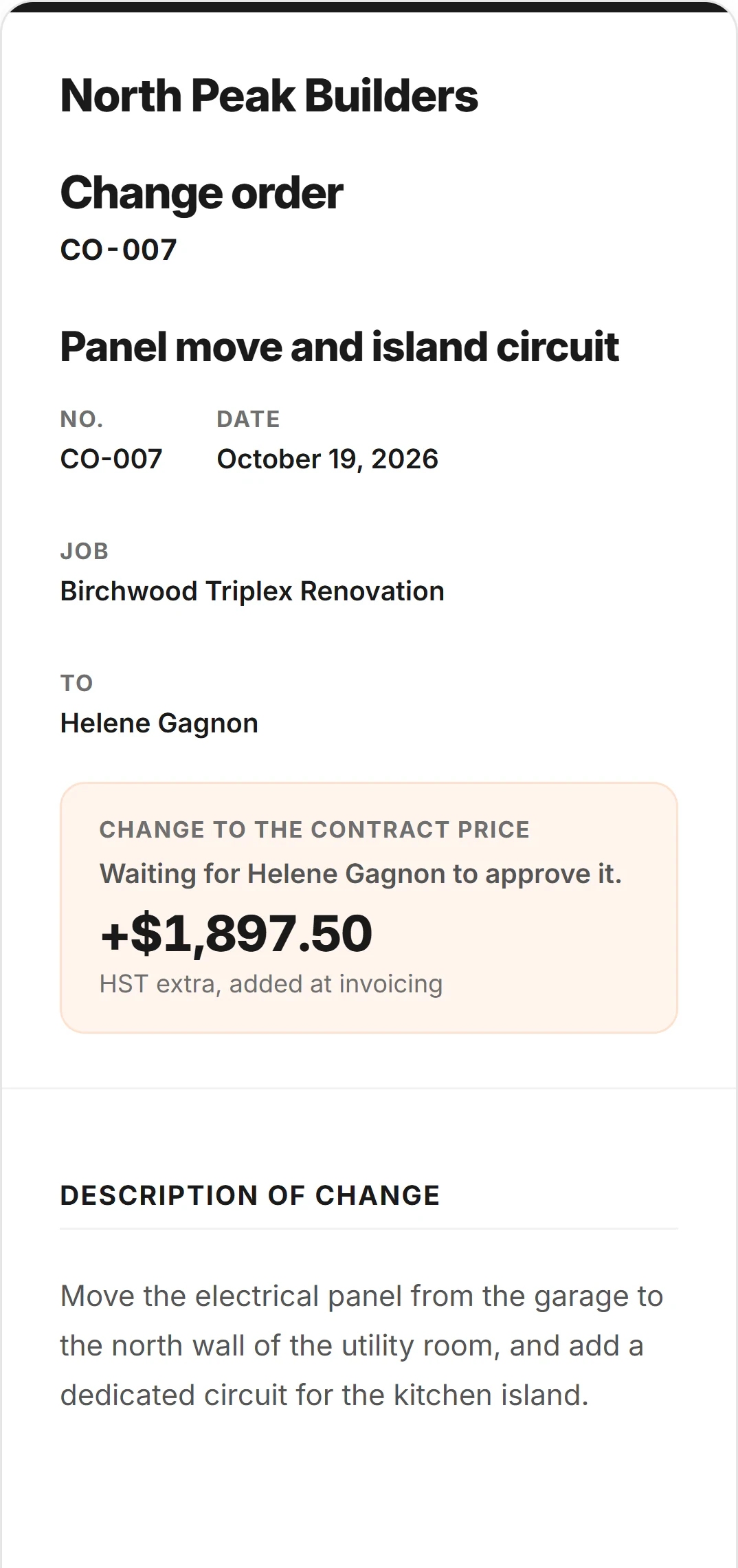 A change order as the client opens it on their phone: the contractor’s letterhead, CO-007 Panel move and island circuit, the +$1,897.50 change to the contract price waiting for approval, and the description of the change.