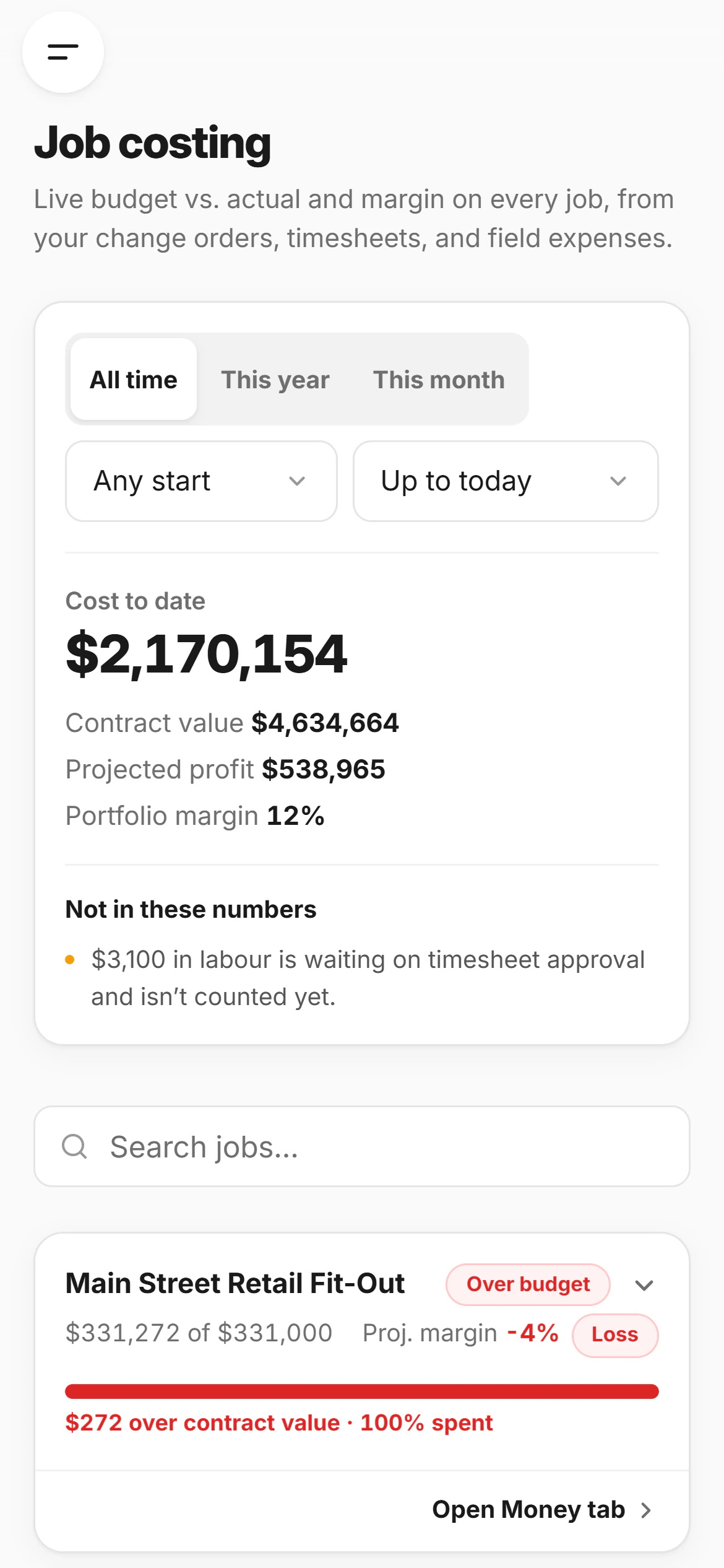 Job costing on a phone: cost to date $2,170,154 against a contract value of $4,634,664, projected profit and a 12% portfolio margin, and a job flagged over budget.
